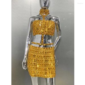 Vestidos casuais Estação independente Estação de 4 cores Super Flash Rhinestone Tube Top Halter Skur Suit Fashion Party Performance Dress