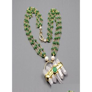 Ожерелья с бисером Guaiguai Jewelry 4 Strands White Pearl Green Crystal Chain Set Set Set Установка Clear Quartz Jades Подвесное ожерелье916 DHDMW