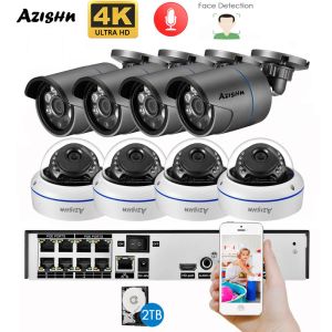 System Azishn H.265+ 4K Ultra HD 8MP POE NVR KIT Комплект Audio Detection CCTV Система металлическая IP -камера P2P Набор видео наблюдения на открытом воздухе.