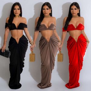 Moda Kadınların Düz Renk Seksi Sütyen Pileli Etek İki Parçalı Set F4757 Dongdumaoyi