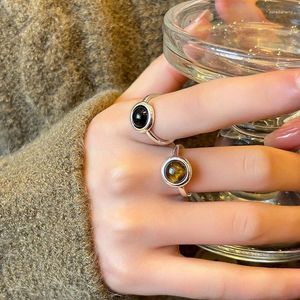Alyans Gelişmiş Doğal Taş Boncuk Parmak Yüzük Amber Tiger Eye Agat Opal Kadınlar için Basit Ayarlanabilir Kız Takı Hediyesi