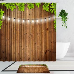 Душевые занавески Retro деревянные зерно зеленые растения Лампа 3D фальшивая стена декор для ванной комнаты занавесо