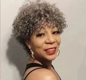 Kadınlar için Gri Peruk Afro Kinky Kıvırcık İnsan Saçlı Peruk Siyah Tuz ve Biber Gümüş Peruk Patlamalı Gri Peruk İnsan Saç Makinesi Hiçbiri Dantel Yapamadı 150 Yoğunluk