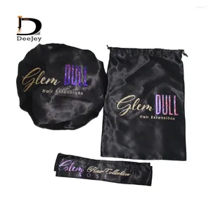 Hediye Sargısı Özel Glitter Logo Saç Uzatma Ambalaj Setleri İnsan Bakire Bonnet Saten Paket Çantalar Eşarp Kafa Kravat