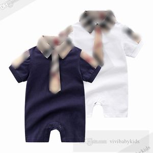 Bebek erkekler ekose kravat beyefendi atlayıcıları yaz tasarımcısı bebek giyim yürümeye başlayan çocuk çocukları kafes yaka kısa kollu yumuşak pamuk tulumlar z7556