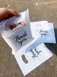 Hediye sargısı 10 adet beyaz plastik tote çanta Teşekkürler Baskılı Alışveriş Çantaları Emtia Ambalaj Küçük Hediyeler Parti için Dekoratif