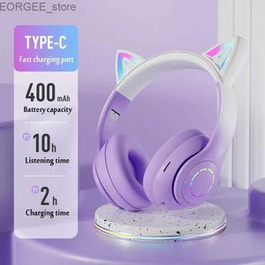 Cep telefonu kulaklıklar kedi kulak kulaklık bluetooth kablosuz müzik kulaklığı gradyan renk led ışık mikrofon oyuncusu kulaklık çocuklar güzel Noel hediyeleri y240407