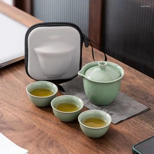 Tee -Sets Celadon Ge Kiln One Topf Drei Crack Tasse Chinesische Geschenk tragbares Outdoor -Reise -Teekauf Teetasse Teetasse