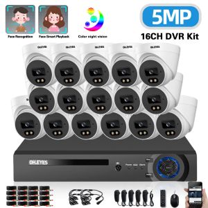 Sistem 16 Kanal Ana Sayfa CCTV Kameralar Tam Set 5MP 16CH DVR Kiti Tam Renkli Gece Görme Güvenliği Dome Kamera Video Gözetim Sistemi