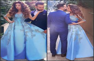 Buz Mavisi Modern Said Mhamad Akşam Elbisesi 2017 Boncuklu Boncuklu Takip Boyun Bir Çizgi Overkirt Arap Dubai Formal P7952342