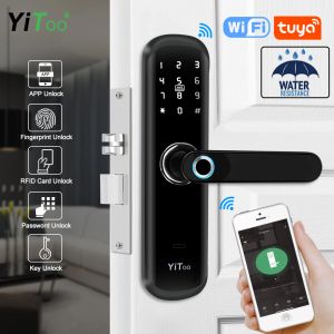 Lock yitoo S3 WiFi parmak izi Kilit Su geçirmez Biyometrik Akıllı Kapı Kilit Tuya Uygulaması Uzaktan / RFID Kart / Şifre / Anahtar Kilit Açma