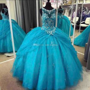 Elbiseler Yeni ucuz mavi kızlar yarışmacı elbiseler mücevher boyun kristal boncuklu mahkeme tren tül çiçek kız elbiseler çocuklar doğum günü cemaati giyer