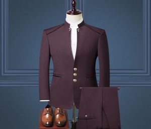 Men039s Chinesa Stand Collar Suit de traje de três casacos de traje calças colete de colete de colar
