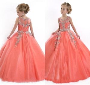 Ucuz Küçük Kızlar Pageant Elbiseleri Prenses Tül Illusion Mücevher Boyun Kristal Boncuklar Mercan Tül Kids Çiçek Kızlar Elbise Ucuz Birt8556654