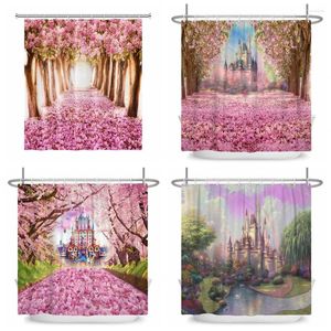 Душевые занавески, сказочные цветущие дерево, лес, розовый цветочный гриб, ванная комната ванна