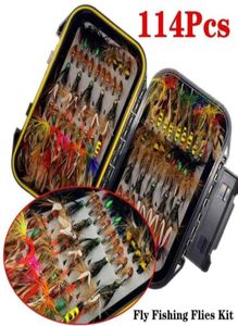 50114PCSSET FREED FREED LURE BOX SET мокрый сухой нимфа, завязывающий материал, фальшивые мухи для рыбалки форели 20105058757062622896