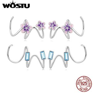 Yüzükler Wostu 100% 925 STERLING Gümüş Mor Çiçek Kulak Kancaları Saplama Küpe Kadınlar için Basit Stil Zirkon Kulak Kancaları Güzel Takı Hediyeleri