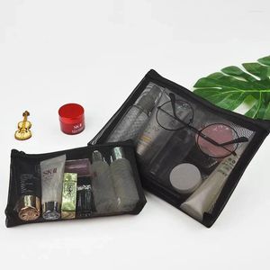 Depolama kutuları moda örgü kozmetik çanta siyah gündelik fermuar makyaj kasa organizatör çantası kadın seyahat tuvalet güzellik yıkama çantaları