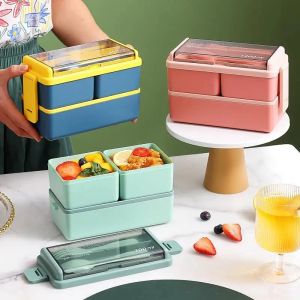 2 camadas lanche portátil lanche à prova de vazamento Bento Box Kid Student Microondas Dinnerware Fork Spoon Conjunto de contêiner de armazenamento de alimentos 0408