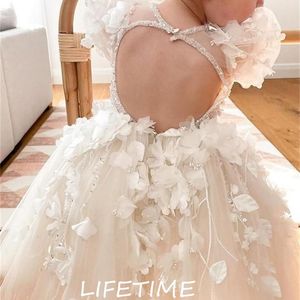 Aplike Beyaz Çiçek Kız Elbise Doğum Günü Dantel Sevgiliye Kısa Kollu Top elbisesi diz uzunluğu Çocuklar Kabarık Prenses Elbise 240309 240326