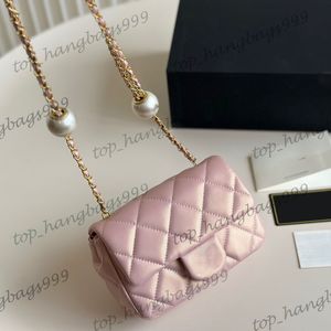 Klasik mini flep kapitone pembe yanardöner inci zinciri sqaure çantaları çift boncuklar ayarlanabilir kayış crossbody el çantaları lüks tasarımcı marka çantası 11.5x17.5cm 5 lokor