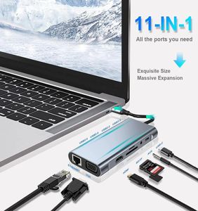 11 в 1 адаптер док -станции USB Hub с 4K, VGA, типом C PD, Ethernet RJ45 Port, SD/TF -картами, 3,5 мм AUX, совместимый MacBook Pro/AIR4055624