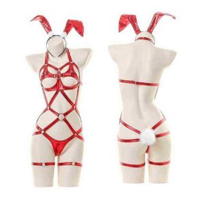 Stage Wear Women Red Christmas Rabbit Cosplay Suit Sexy Bandage Lingerie Faux Leather Latex Bunny Girl Hollow Out Patent Leather B3094709