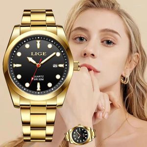 Avanadores de pulso Lige Ligas Wristwatch Luxurro impermeável Data luminosa relógio de ouro para mulheres vestidos de aço inoxidável Caixa de relógios femininos de aço inoxidável