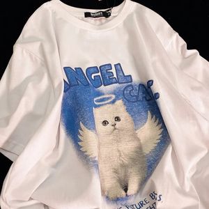 American American Retro Kitten Oversize Loue Short Manguated Tshirt Top Half Male e Feminino Camiseta dos Menores Men Roupas 240402