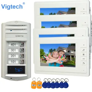 Intercom Vigtech 7 '' Color Video Door Phone 4 монитористы с 1 Intercom Door Doblel Can Cange 4 дома для камеры RFID -Multi Apartment