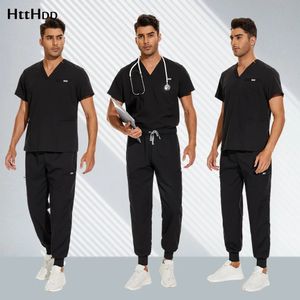 Hastane Doktoru Hemşirelik Seti Unisex Toptan Sıradan Jogger Takımları Kısa Kollu V-Yok Üstler Hemşire Pantolon Pantolon Eczane Üniformaları 240407