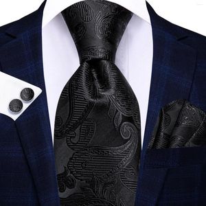 Bow Ties Hi-Tie Black Paisley Business Mens Tie 8.5cm Jakar Kravat Aksesuarları Günlük Giyim Cravat Düğün Partisi Hanky ​​Cufflink Seti