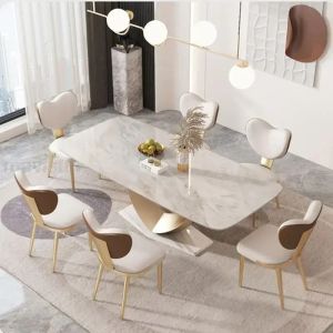 İtalyan taş tabak yemek masaları sandalyeler modern basit dikdörtgen küçük apartman evi hafif lüks mutfak mermer mobilya