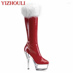 Sapatos de dança Botas vermelhas de Natal Son Son Papai Noel Hair High 15 cm Saltos estrangeiros e senhoras de joelhos