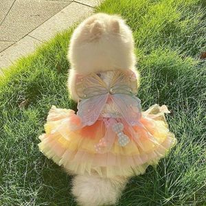 Köpek giyim yaz elbisesi kelebek dekoru zarif kedi prenses düğmesi kapanma örgü dikişli evcil hayvan kostümü günlük giyim için