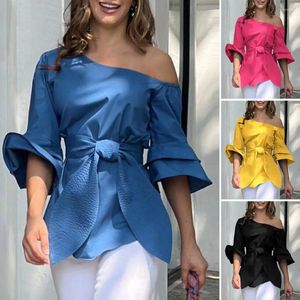 Frauenblusen lässig Solid Color Bluse elegante Schrägkragen Schnüre-up-Taille mit ausgestrahlten Halbärmel Hemden Pullover
