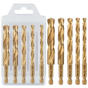 Vearter 5pcs 5/6/8/10/12mm HSS M2 Materialbohrbit Set Titanium Twistber Loch Säge 1/4 '' Hex Shank für Metallplattenholz PVC