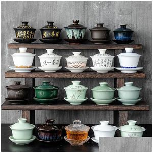 TeAware Setleri Seramik Gaiwan Jingdezhen Çin Kungfu Üç yetenek set büyük fincan tabağı ev çay üreticisi töreni hediye 230414 dro dhhei