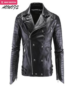 Bütün aowofs erkek deri ceketler siyah motosiklet ceketleri kafatasları perçinler eğik fermuar ince fit kapitone punk deri ceket9638387