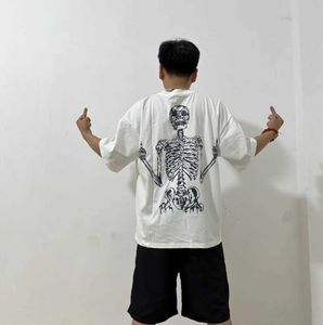Erkek Tişörtler Erkek Koyu Kafatası Baskı Gevşek Büyük Boy T-Shirt Çift Giyim Saf Pamuk Vintage Amerikan Moda Gotik Grunge Giysileri Y240409