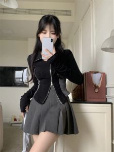 2024 Элегантный отворотный лацэль с двойной молнией кардиган женский корейский стиль y2k винтажные топы женская женская офисная женщина.