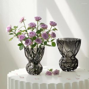 Vazolar Art Nordic High-End Light Lüks Vadi Vadisi Doku Şeffaf Kül Geniş Ağız Moda Hidroponik Çiçek Dekorasyonu