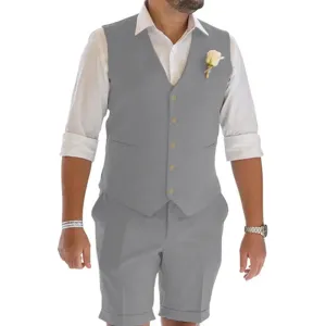 Pantolon yaz takım elbise erkekler keten 2 parça vneck yelek şort plaj düğün damat en iyi adam elbise büyük ve uzun boylu özel yapım erkek seti