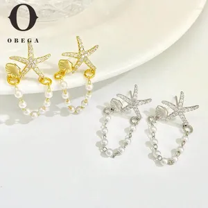 Stud Küpe Obega 2 PCS denizyıldızı kabukları imitasyon inci sarkık küpe tam parlak rhinestone yaz plaj takı ile kadın için