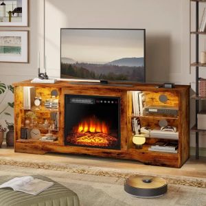 58 -дюймовый камин телевизионный стенд для телевизоров до 65 дюймов консоли с 18 'Электрическим камином удаленным, деревянным современным развлечением