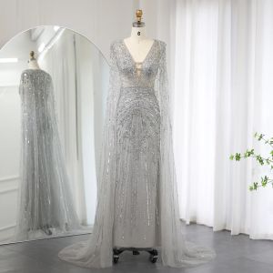 Vestidos de noite de sereia cinza prata dubai de luxo com capa de capa em Vestido de festa formal de Turquesa Arabic SS397