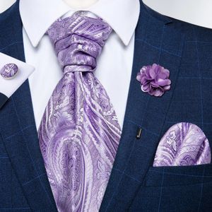 Бренд мужский шарф дизайн моды Silk Ascot галстук Paisley Floral Purple Heartie Jewelry Set Man Cravat для свадебной вечеринки240409