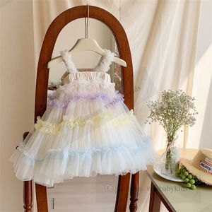 Kızlar renkli fırfır dantel tül askı elbisesi tatlı çocuklar doğum günü partisi elbiseler 2024 yaz çocukları goyz prenses giyim z7621