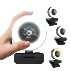 Webcams 2K HD 60 FPS Pürüzsüz Canlı Akış Cam USB Webcam Ses Dolgu Işık Halkası için PC Web Kamera Cam USB Çevrimiçi Webcam Otomatik Not