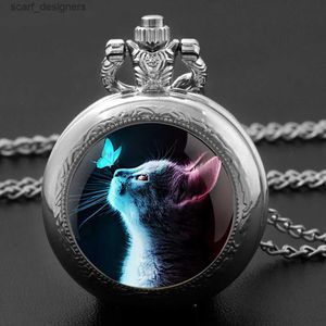 Pocket Watches Creative Ctue Cat Quartz Pocket Momen Homens Moda Colar Dome de vidro Pingente exclusivo Silver Clock Presente Acessórios Y240410